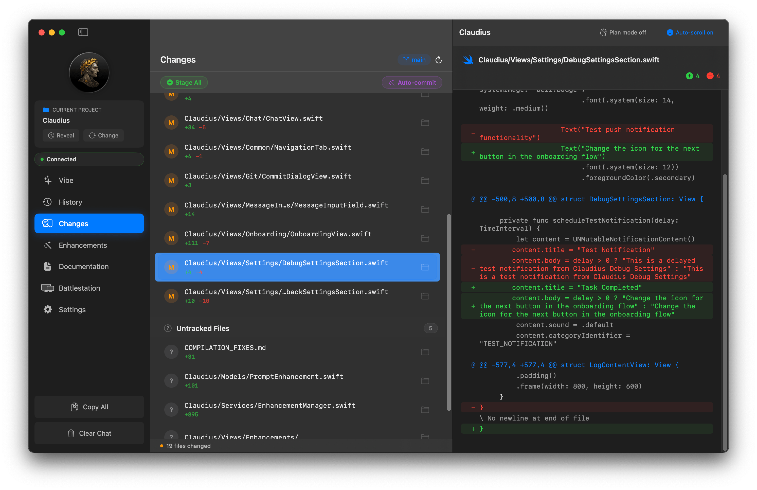 A preview of the git diff viewer in Claudius