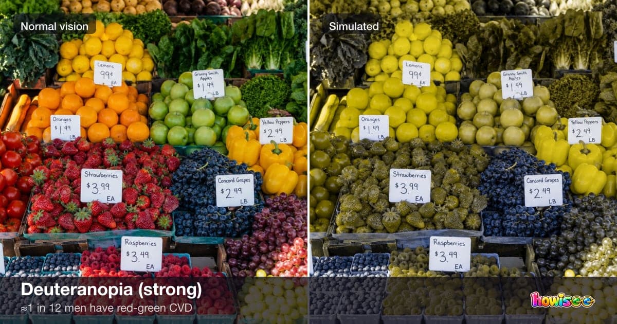 A before/after showing Deuteranopia (strong): a normal scene on the left, the same scene as seen with Deuteranopia (strong) on the right