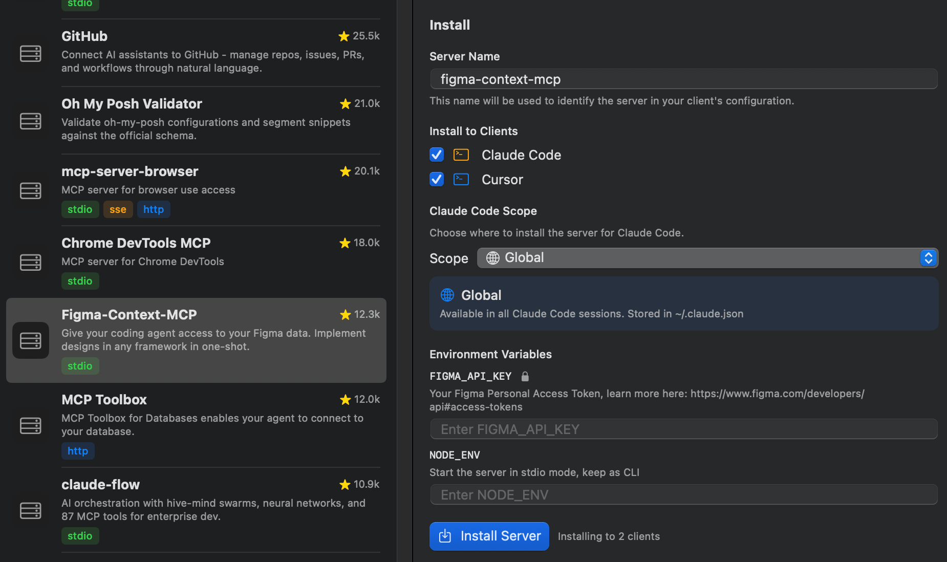Install MCP servers to multiple clients simultaneously. Configure API keys and environment variables during installation—securely stored per-client.