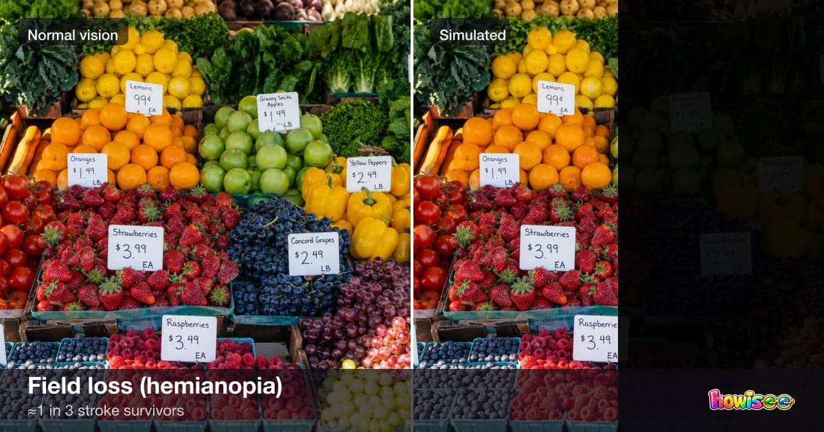 A before/after showing Field loss (hemianopia): a normal scene on the left, the same scene as seen with Field loss (hemianopia) on the right