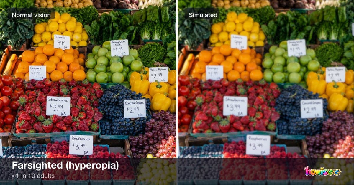 A before/after showing Farsighted (hyperopia): a normal scene on the left, the same scene as seen with Farsighted (hyperopia) on the right
