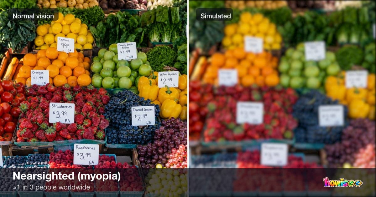 A before/after showing Nearsighted (myopia): a normal scene on the left, the same scene as seen with Nearsighted (myopia) on the right