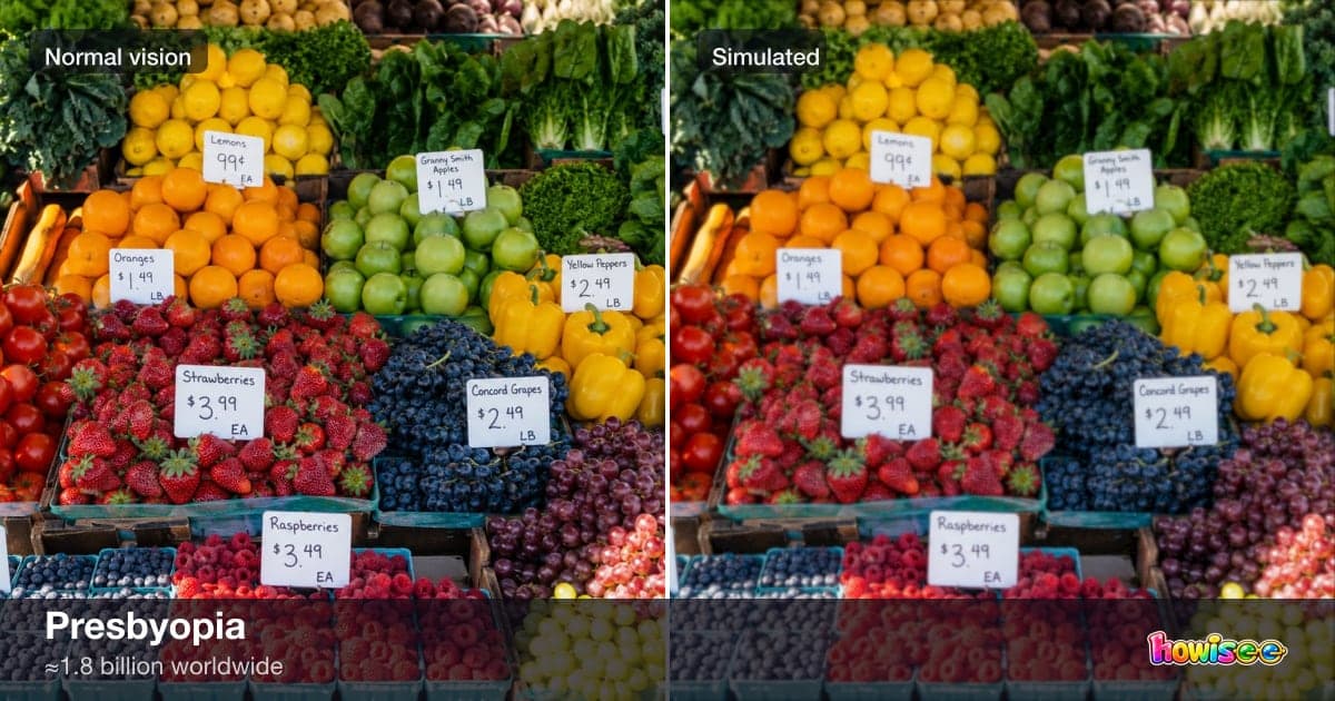 A before/after showing Presbyopia: a normal scene on the left, the same scene as seen with Presbyopia on the right