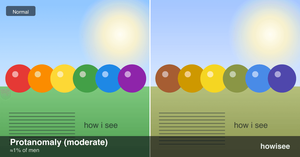 A before/after showing Protanomaly (moderate): a normal scene on the left, the same scene as seen with Protanomaly (moderate) on the right